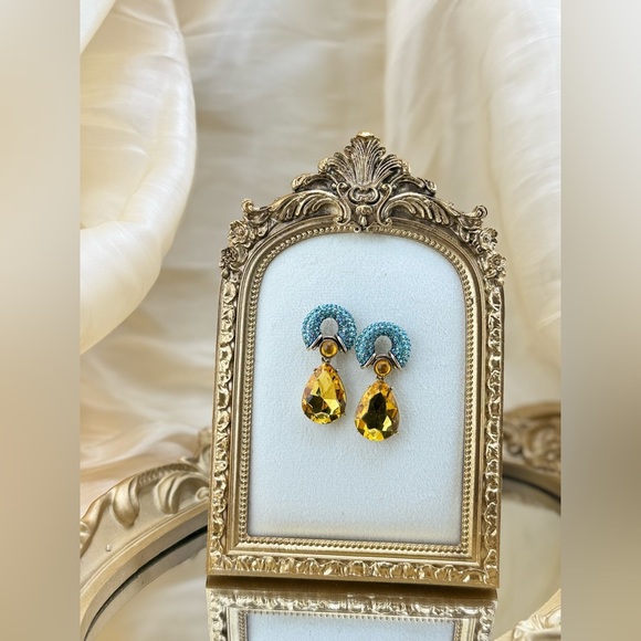 Bold Crystal Drop Earrings – Yellow Teardrop & Turquoise Studs - Picture 1 of 9